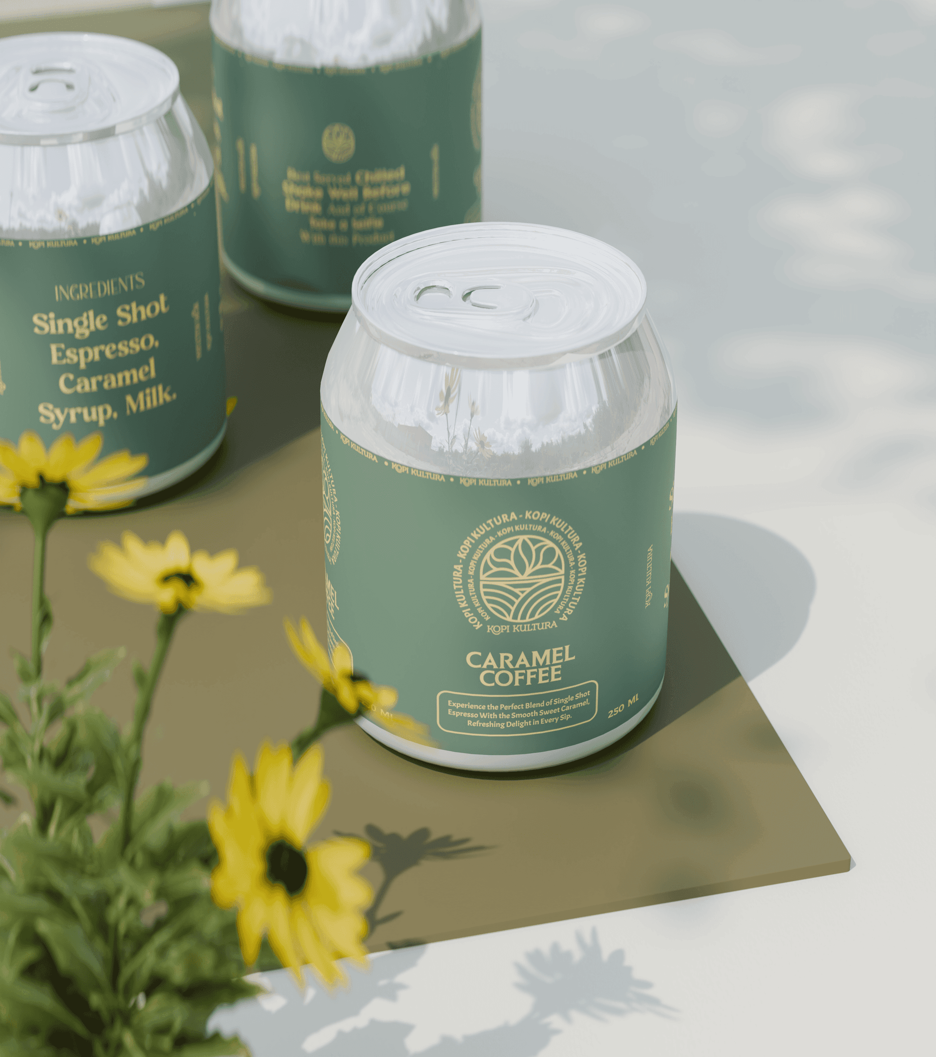 Lifestyle shot of Kopi Kultura canned coffee with daisies
