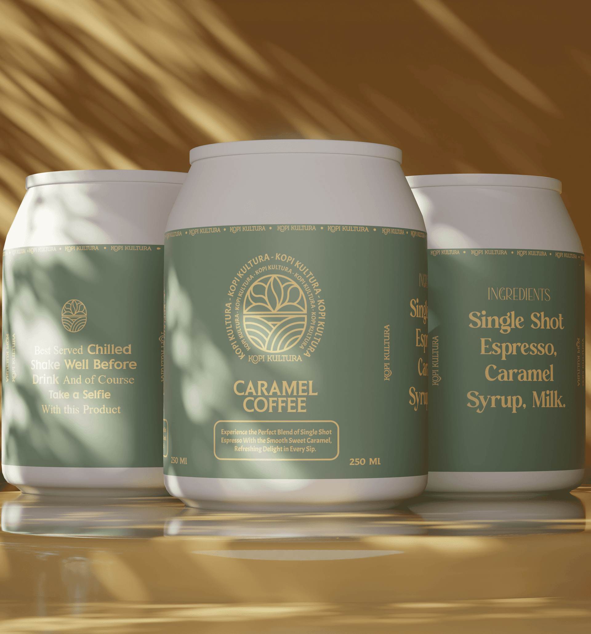 Main highlight of Kopi Kultura canned coffee packaging — three Caramel Coffee cans